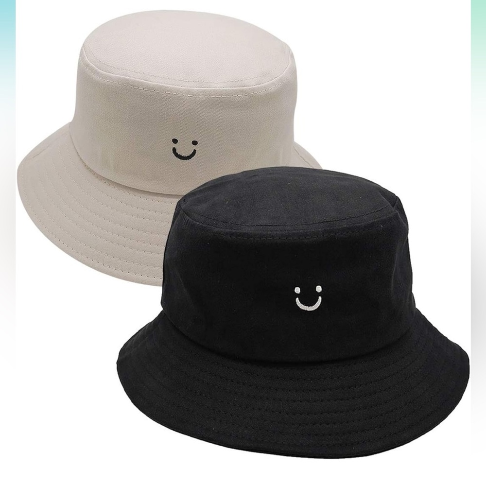 Bucket Hats 100% Cotton Travel Beach Sun Hat Smile Face Embroidery Black & Tan